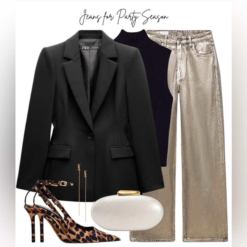 Zara Mid Rise Straight Leg Foil Jeans